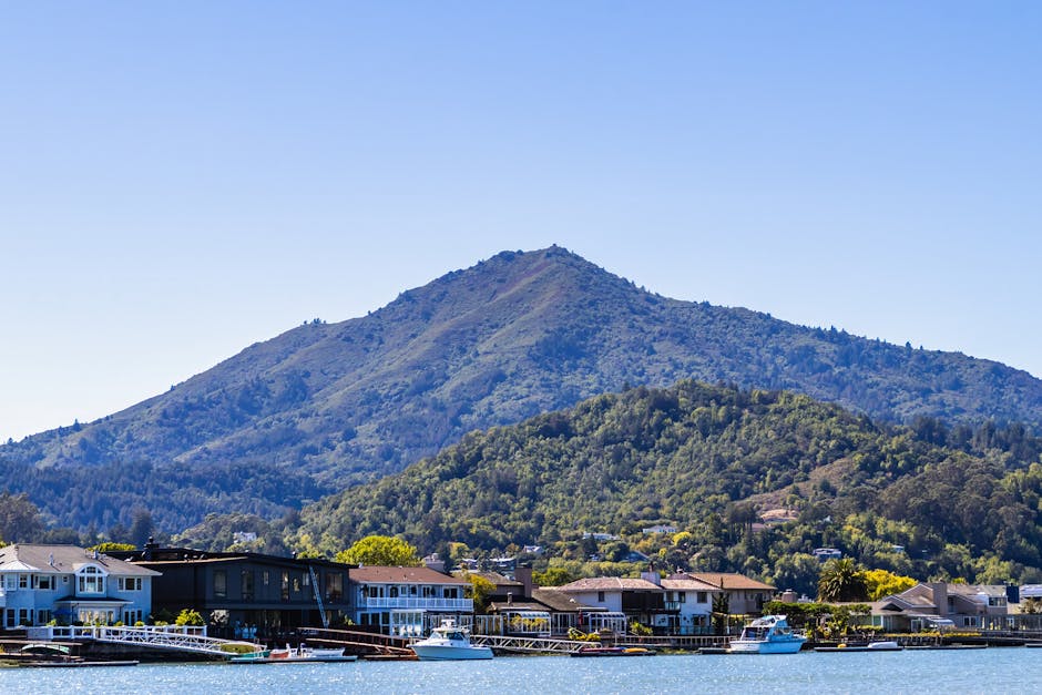 A scenic view of a residential waterfront area with modern townhouses featuring large windows, balconies, and boat docks along the water's edge. The scene includes several boats moored at the docks, with some covered by protective tarps. Behind the homes, a lush, densely forested hillside rises to meet a prominent mountain in the background, under a clear blue sky. The image depicts a peaceful home relocation environment, typical of a house removals setting where careful packing and transportation of belongings may be taking place, with clear emphasis on the natural surroundings and residential infrastructure facilitated by professional movers like Man with Van Mill Hill.