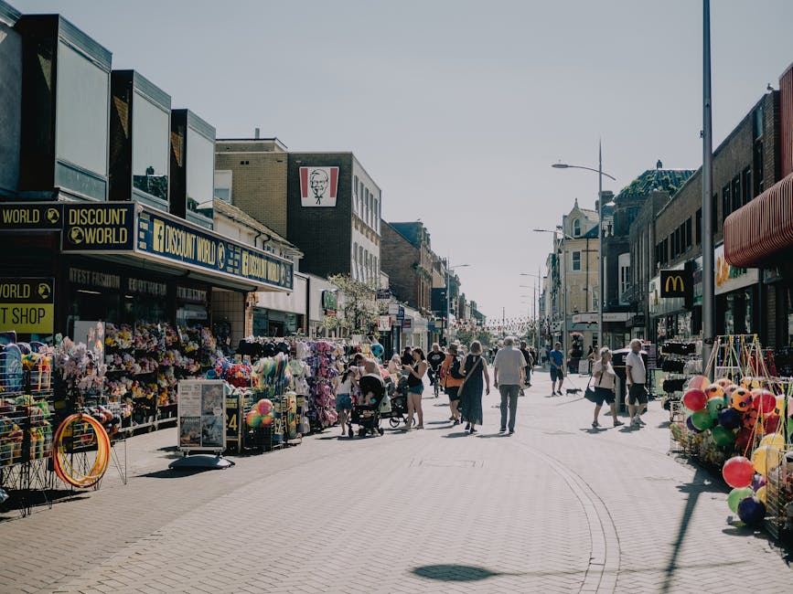 A busy outdoor shopping street during daytime with various retail stores and vendors. On the left side, there are display stands and tables filled with colourful artificial flowers, balloons, and other small items, with some items in cardboard boxes. A sign reading 'Discount World' is visible above the storefronts. On the right side, additional shops feature awnings, and there are umbrellas and stands with more balloons and merchandise. Several pedestrians, including families with children, are walking along the paved street, some pushing strollers or carrying shopping bags. Behind the crowd, multi-storey buildings with signage and shopfronts extend down the street, illuminated by natural daylight under a clear sky. Street lighting poles are positioned along the pavement, and a few moving vehicles are visible further along the street. This scene depicts a lively retail area, which could relate to the transport and logistics involved in home relocation or furniture transport, as managed by [COMPANY_NAME] during house removals.